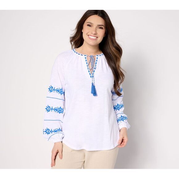 Belle by Kim Gravel Tops - Belle by Kim Gravel Women's Top Sz M Santorini Fantasy Embroidered White A643642